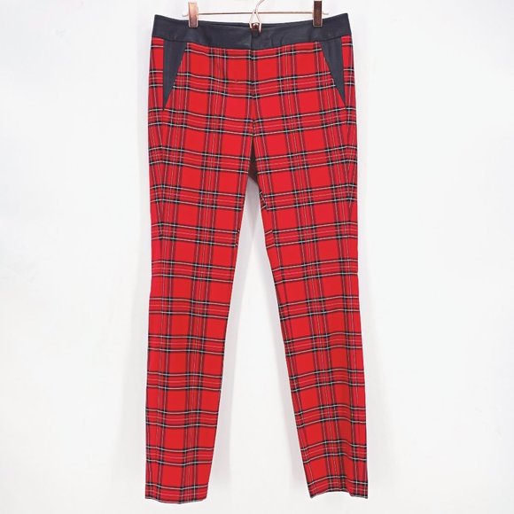 Express Pants - Express Editor Red Tartan Plaid Pants with Faux Leather Details Sz 2L